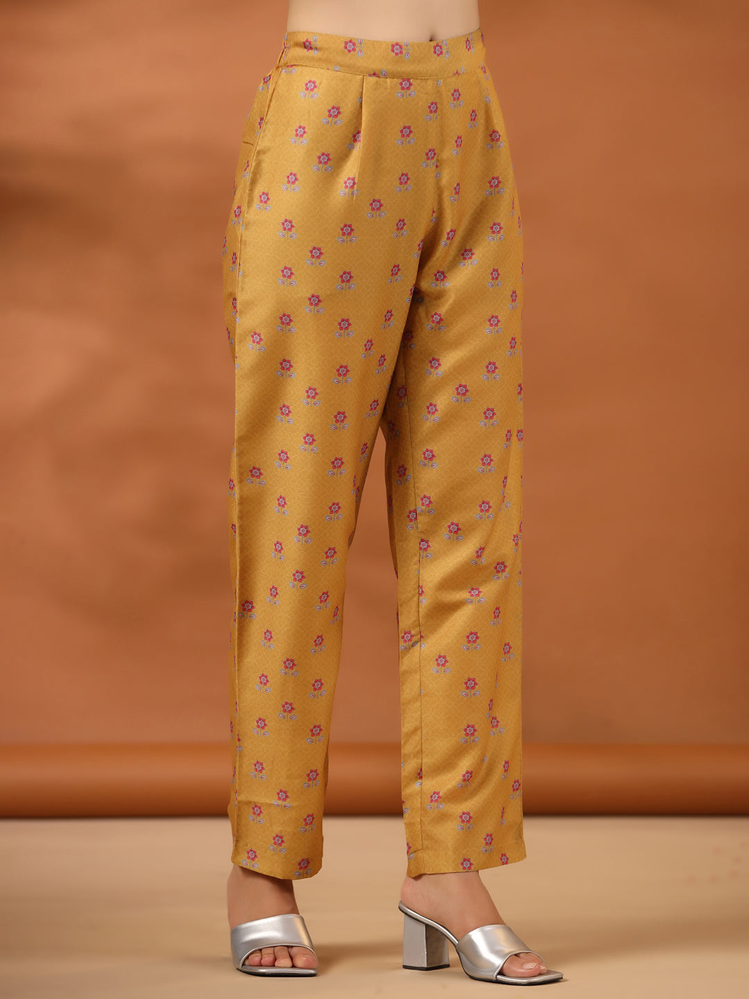 Floral Printed Mustard Gathered Kurta With Pants