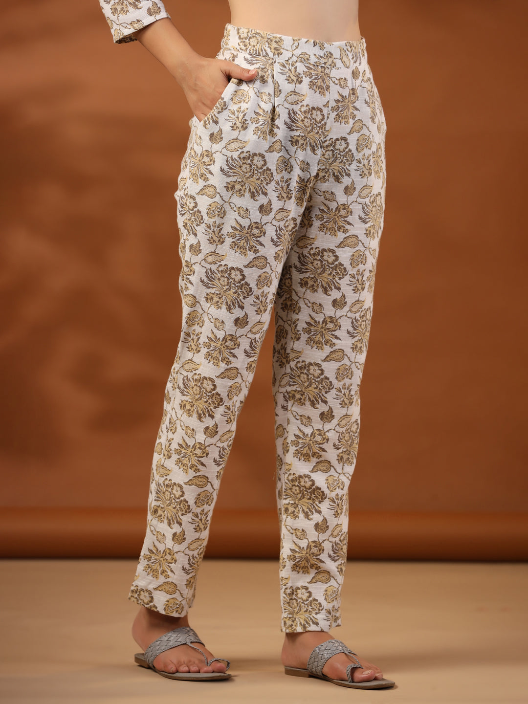 Beige Floral Printed Cotton Loungewear