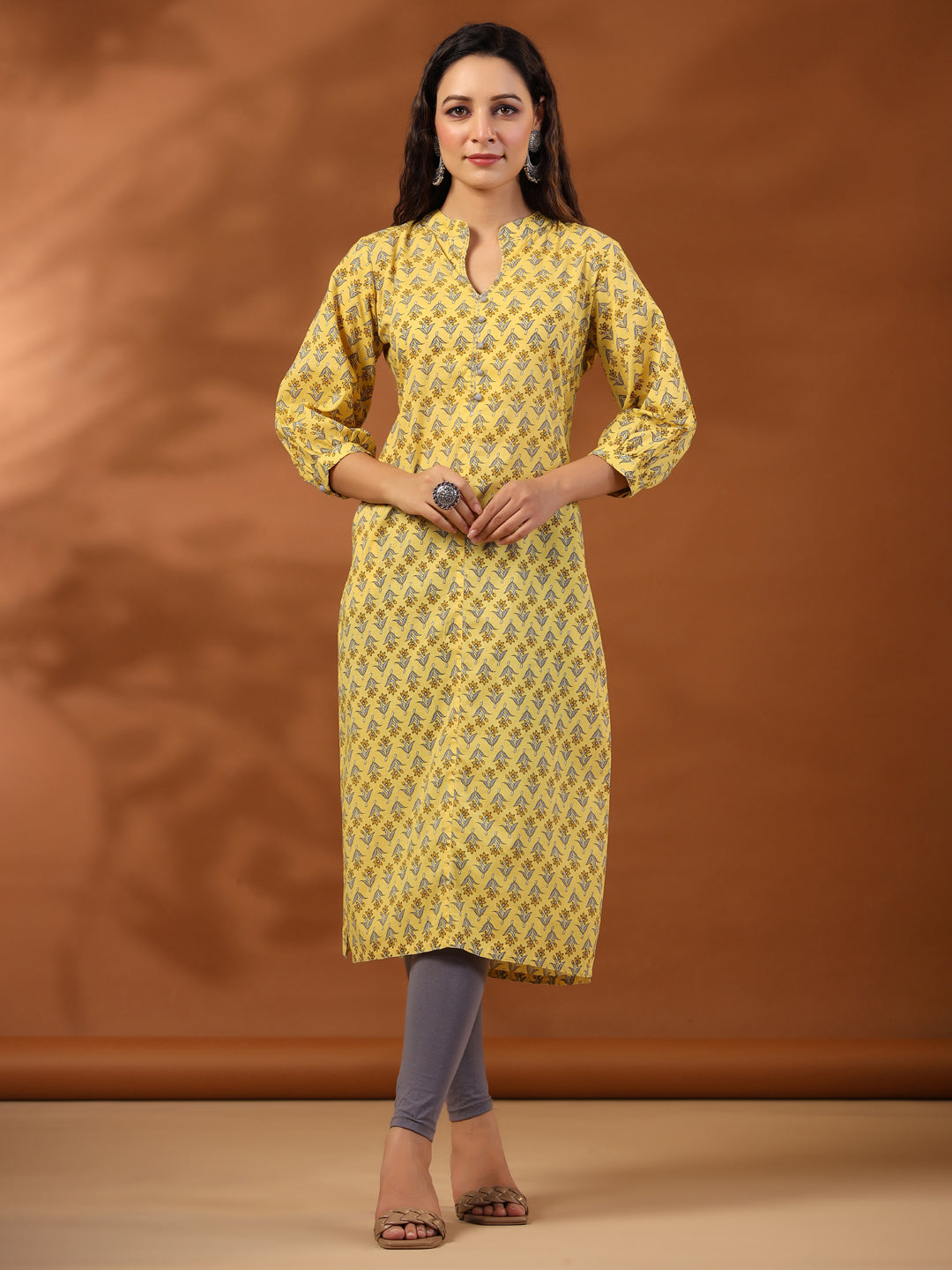 Yellow Ethnic Mughal Buti Printed Straight Kurta
