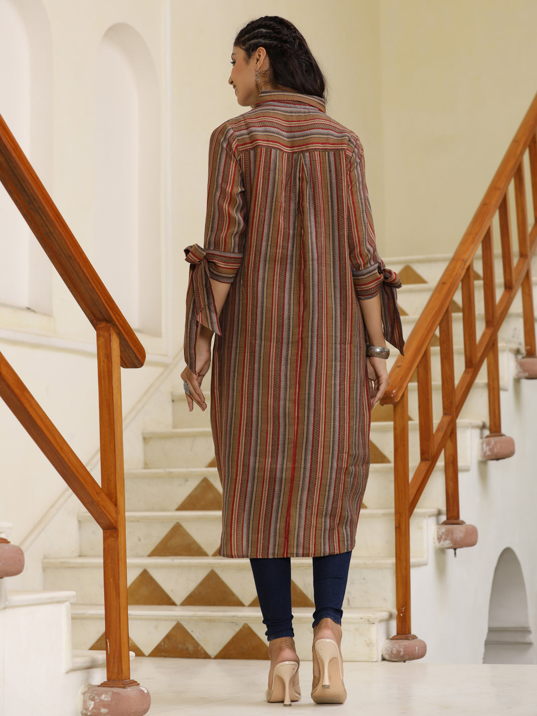 Chanderi Camel Brown Stripes High Low Loose Fitting Pattern Kurta