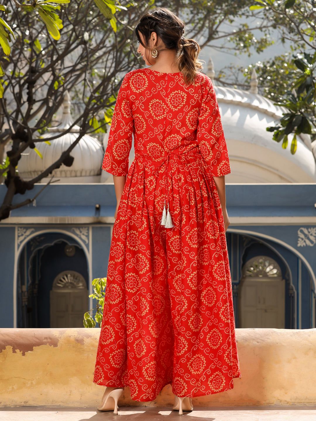 Bandhani Printed Red Jumpsuit With Mirrorwork Belt