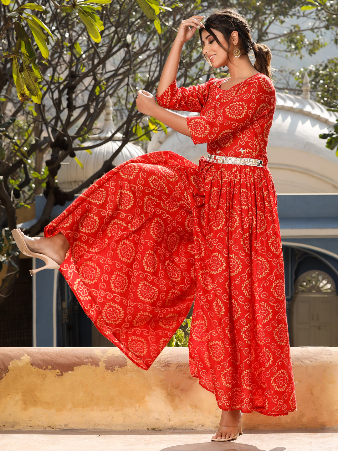 Bandhani Printed Red Jumpsuit With Mirrorwork Belt