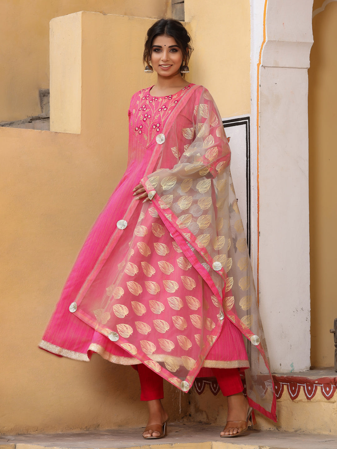 Embroidered Pink Chanderi Anarkali Kurta With Printed Dupatta