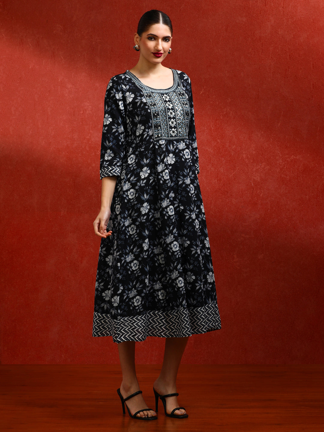 Floral Embroidered A-Line Ethnic Dress