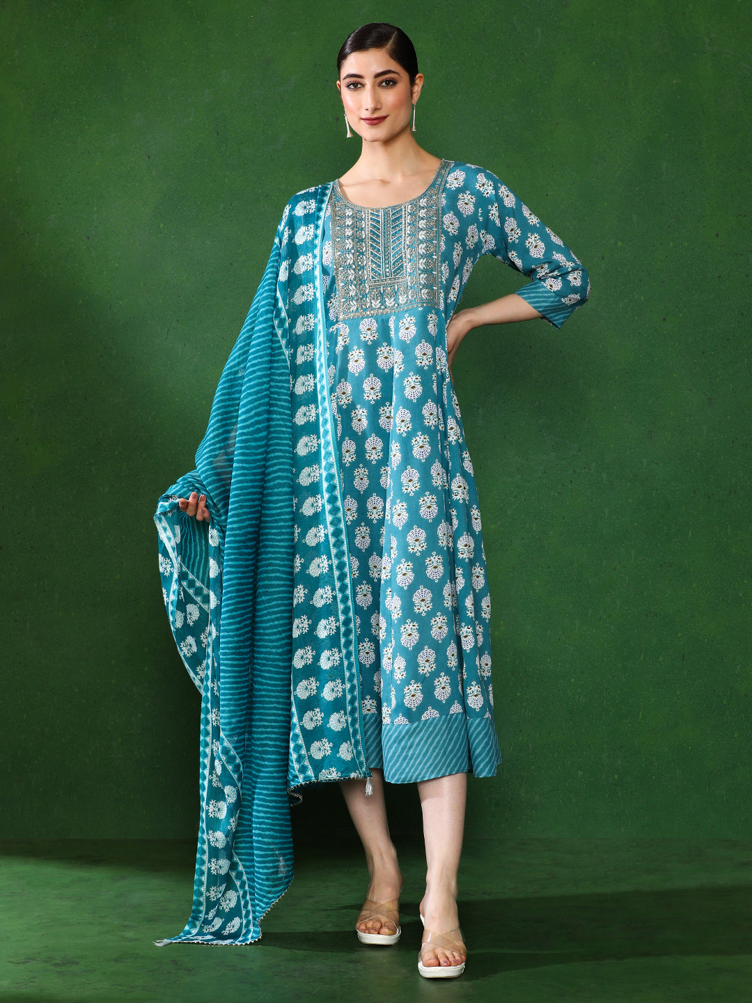 Floral Embroidered A-Line Ethnic Dress With dupatta