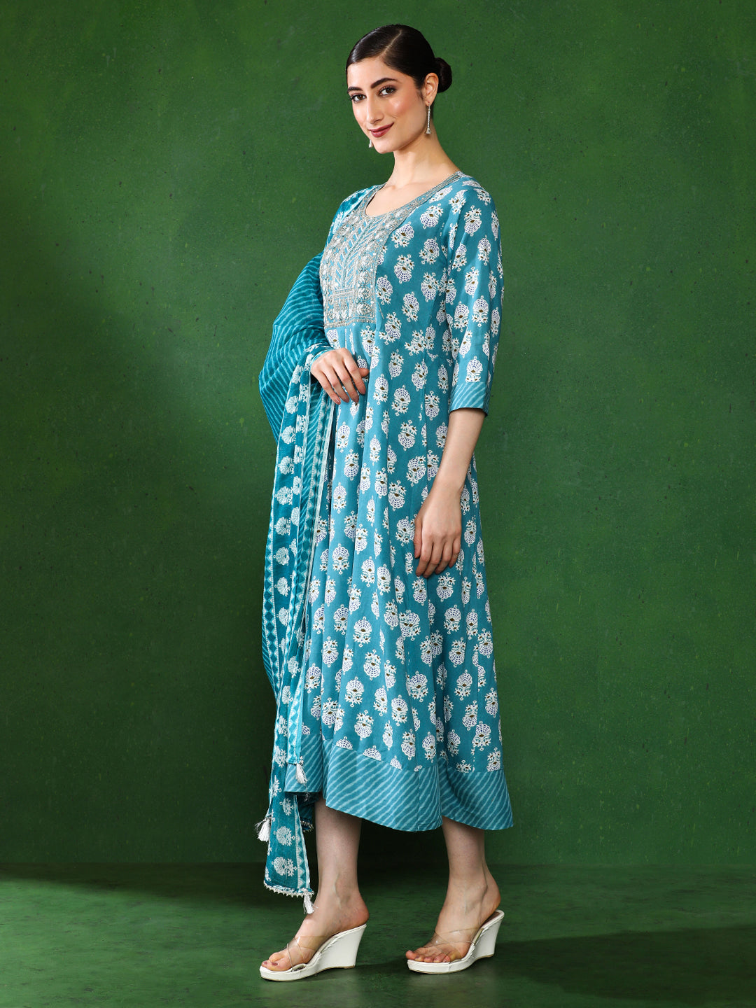 Floral Embroidered A-Line Ethnic Dress With dupatta