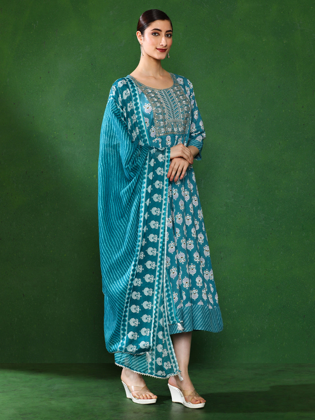 Floral Embroidered A-Line Ethnic Dress With dupatta