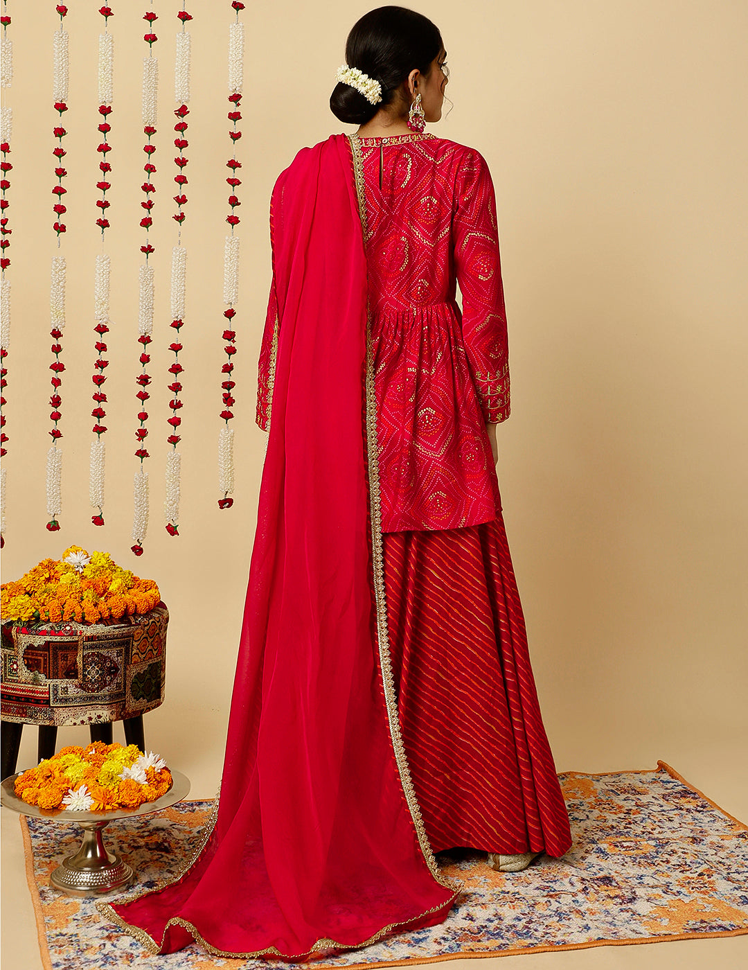 Fuchsia Embroidered Bandhani Gathered Kurta With Leheriya Skirt And Dupatta