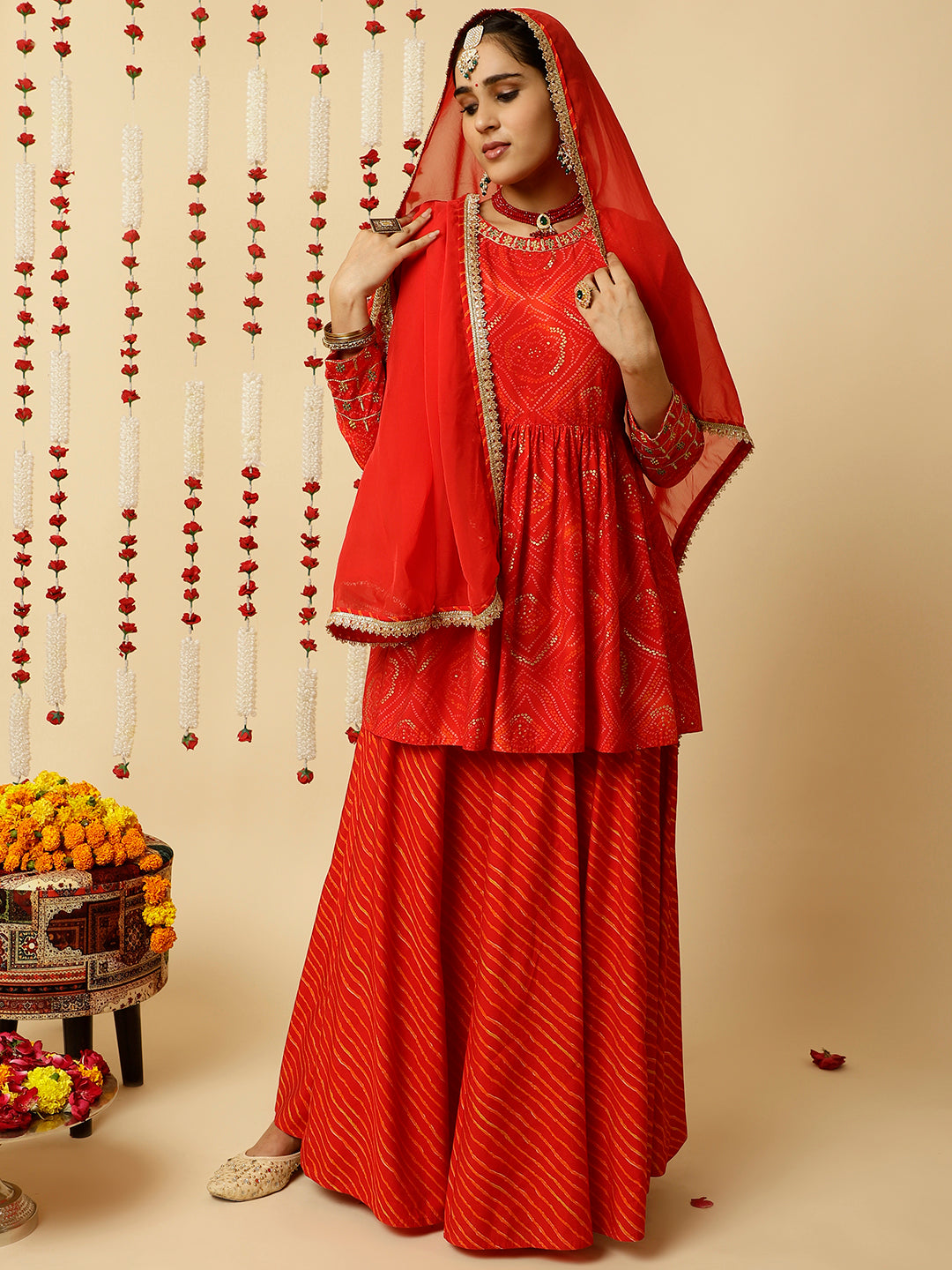 Red Embroidered Bandhani Gathered Kurta With Leheriya Skirt And Dupatta