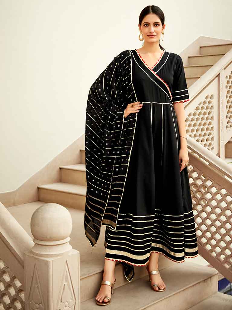 Rayon Solid Black Gota Embellished Anarkali Kurta With Chanderi Dupatta