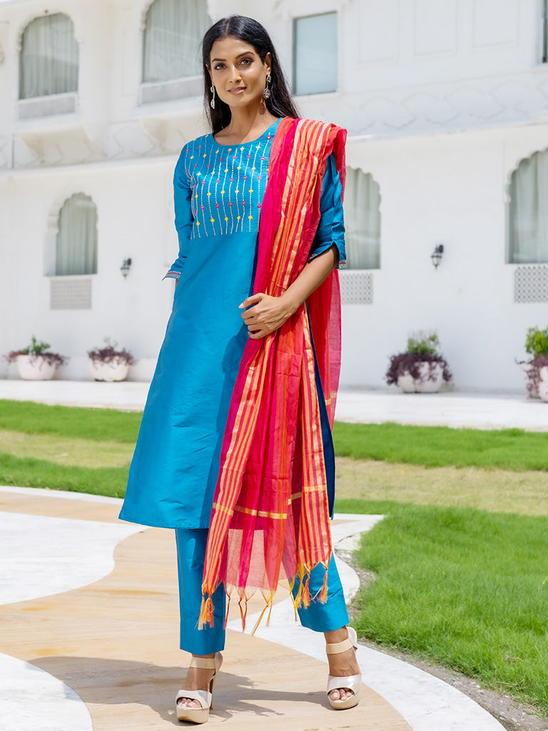 Straight Solid Turquoise Silk Blend Kurta With Pants & Chanderi Dupatta