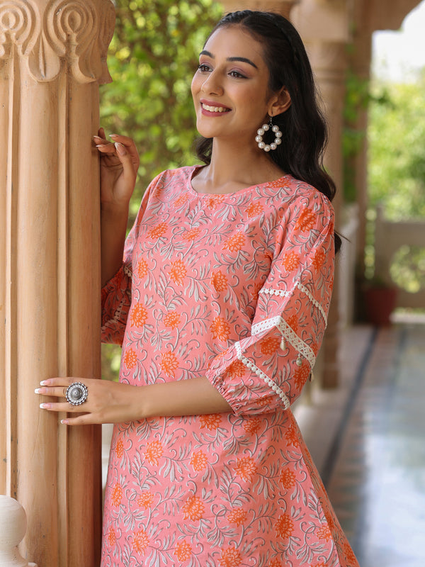Soft cotton printed short kurta with puffed sleeves