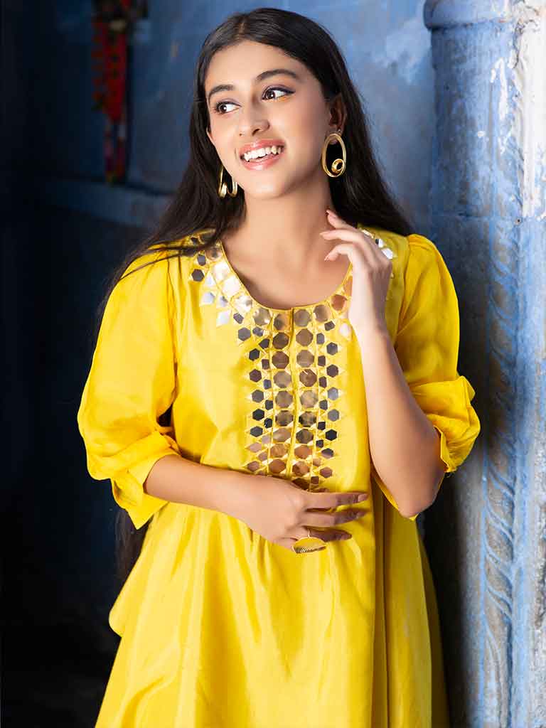 Yellow Hankerchief Top With Mirror Work