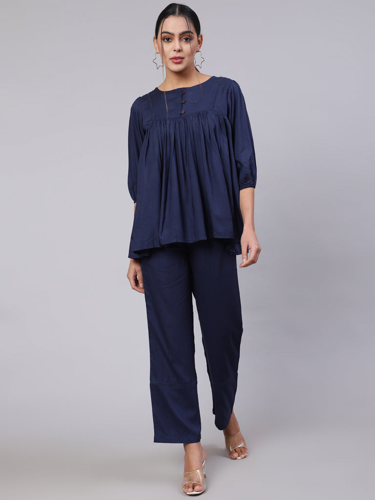 Navy Blue Solid Viscos Gathered Top With Navy Blue Solid Palazzo