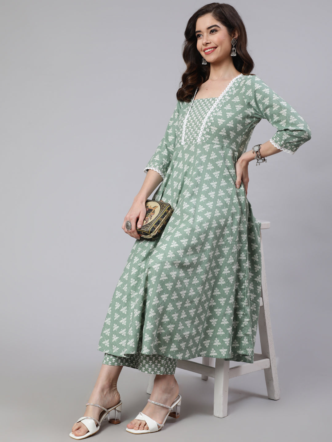 Green Woven Embroidered Flared Laced Kurta With Palazzo