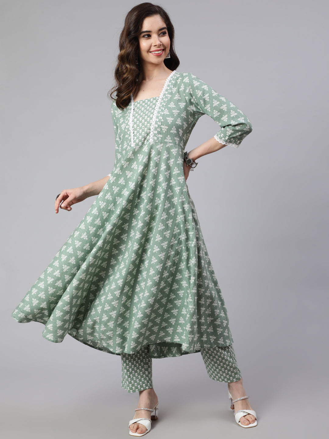 Green Woven Ethnic Print Embroidered Flared Laced Kurta With Printed Palazzo