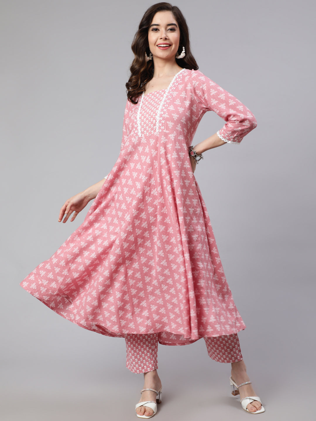 Pink Ethnic Print Embroidered Flared Kurta With Printed Palazzo