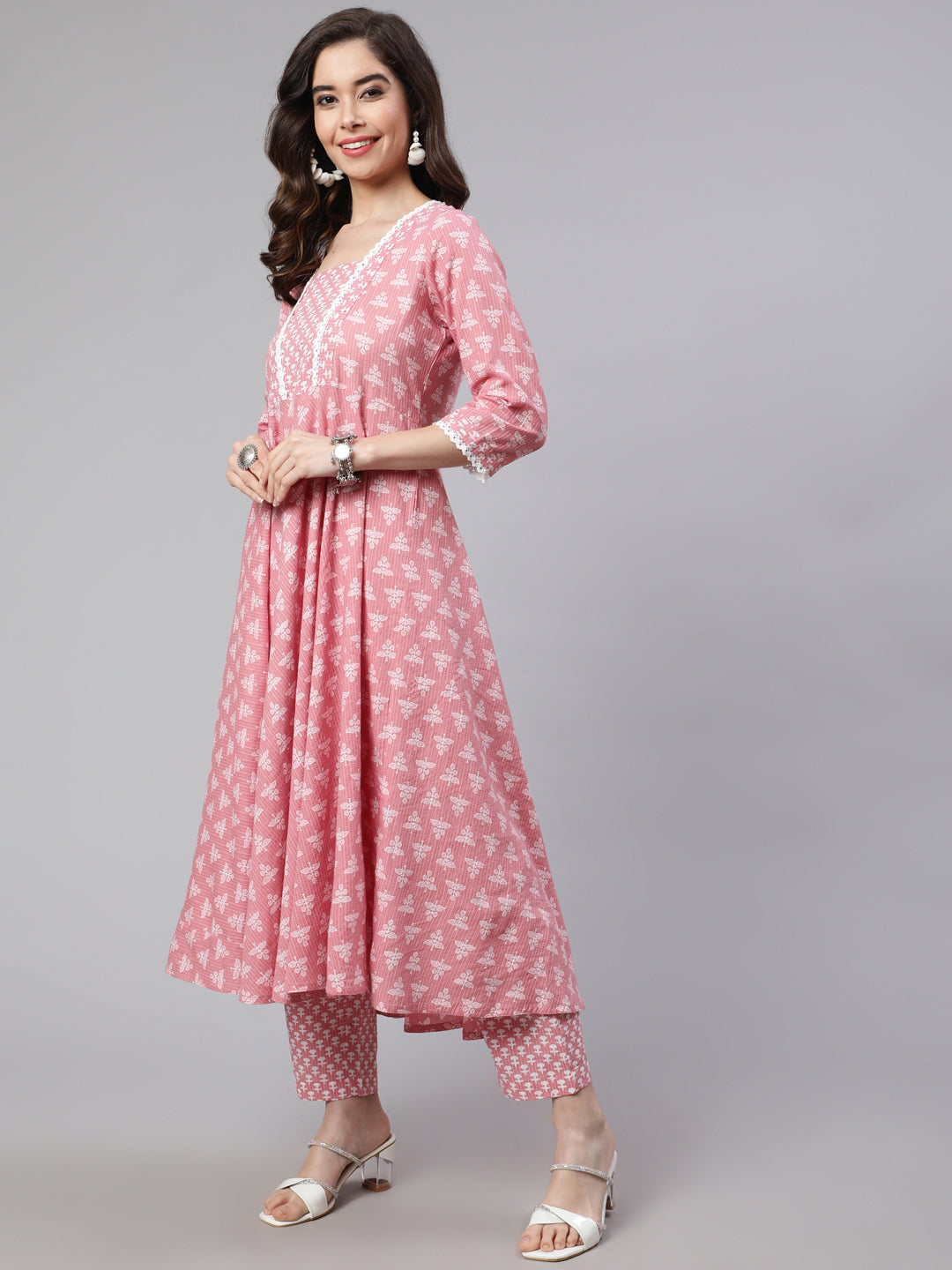 Pink Ethnic Print Embroidered Flared Kurta With Printed Palazzo