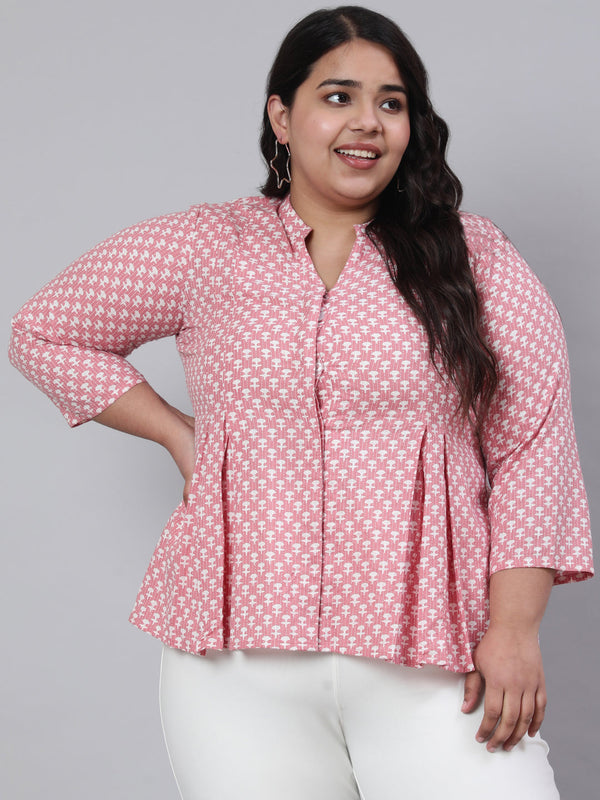 Pink Plus Size Woven Printed Pleated Top