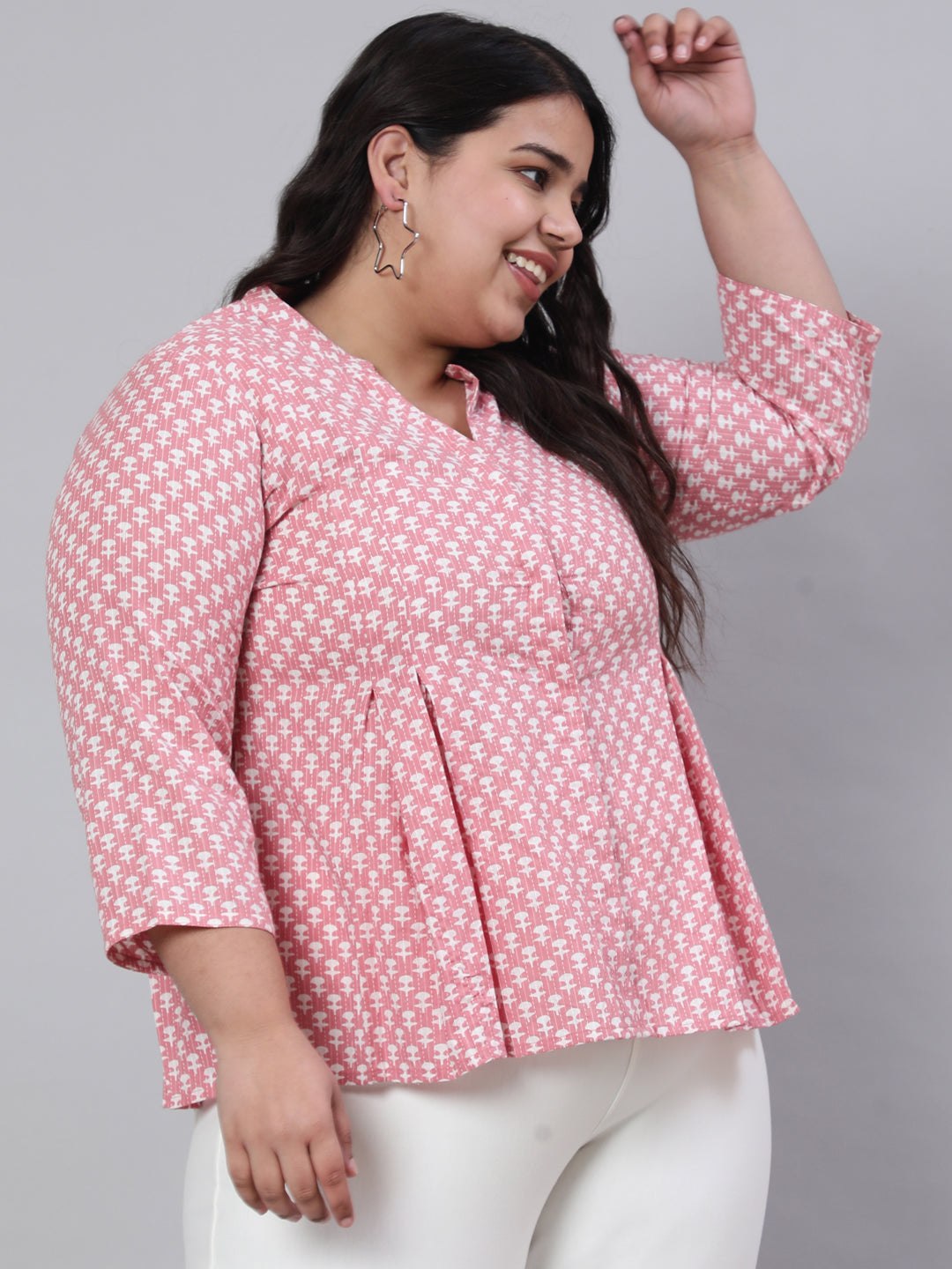 Pink Plus Size Woven Printed Pleated Top