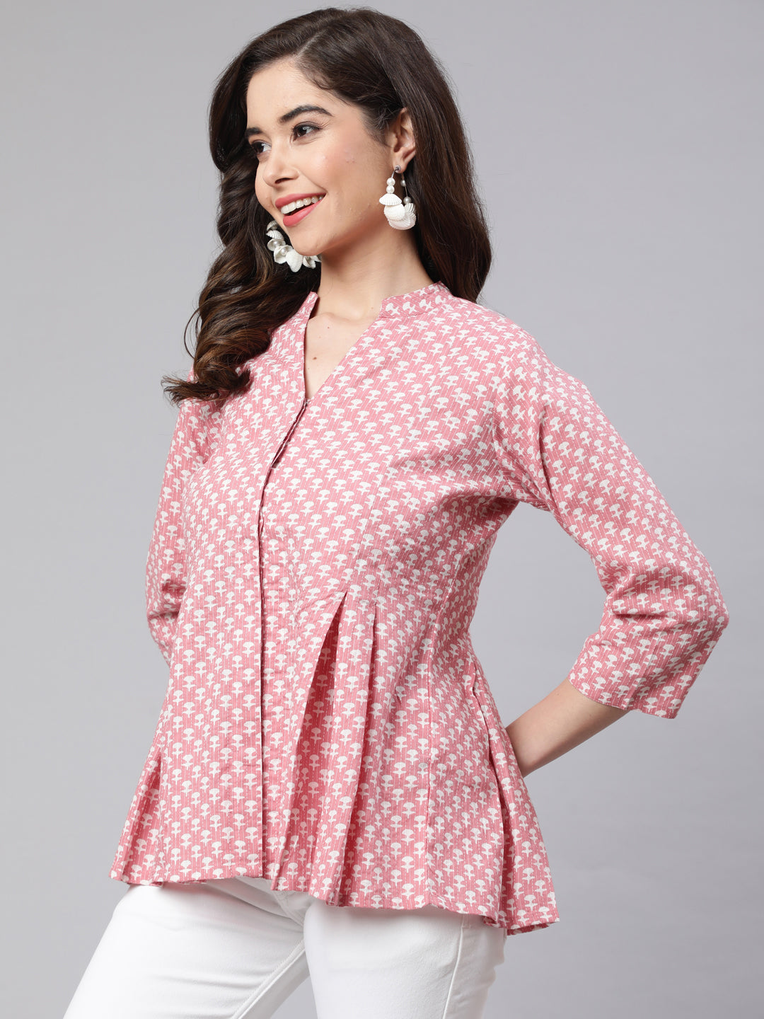 Pink Woven Printed Pleated Top