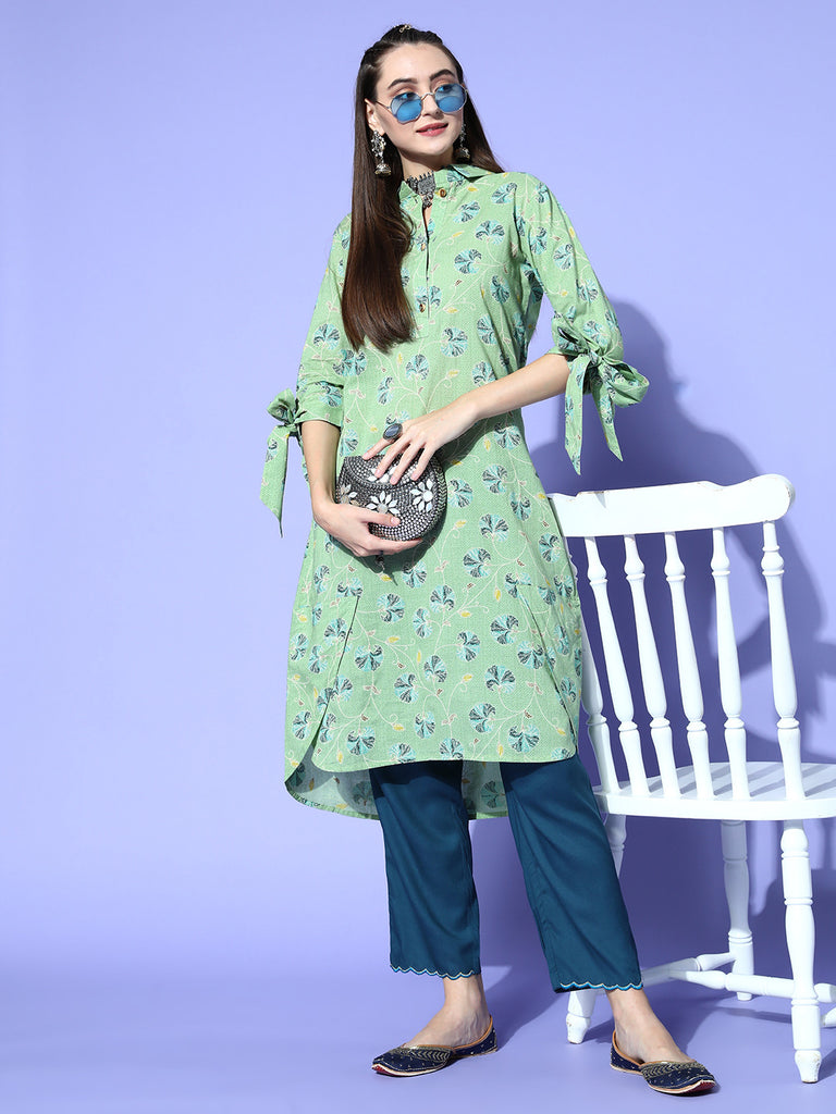 Green Floral Cotton Printed Kurta With Tie-Up Sleeves And High-Low Hemline
