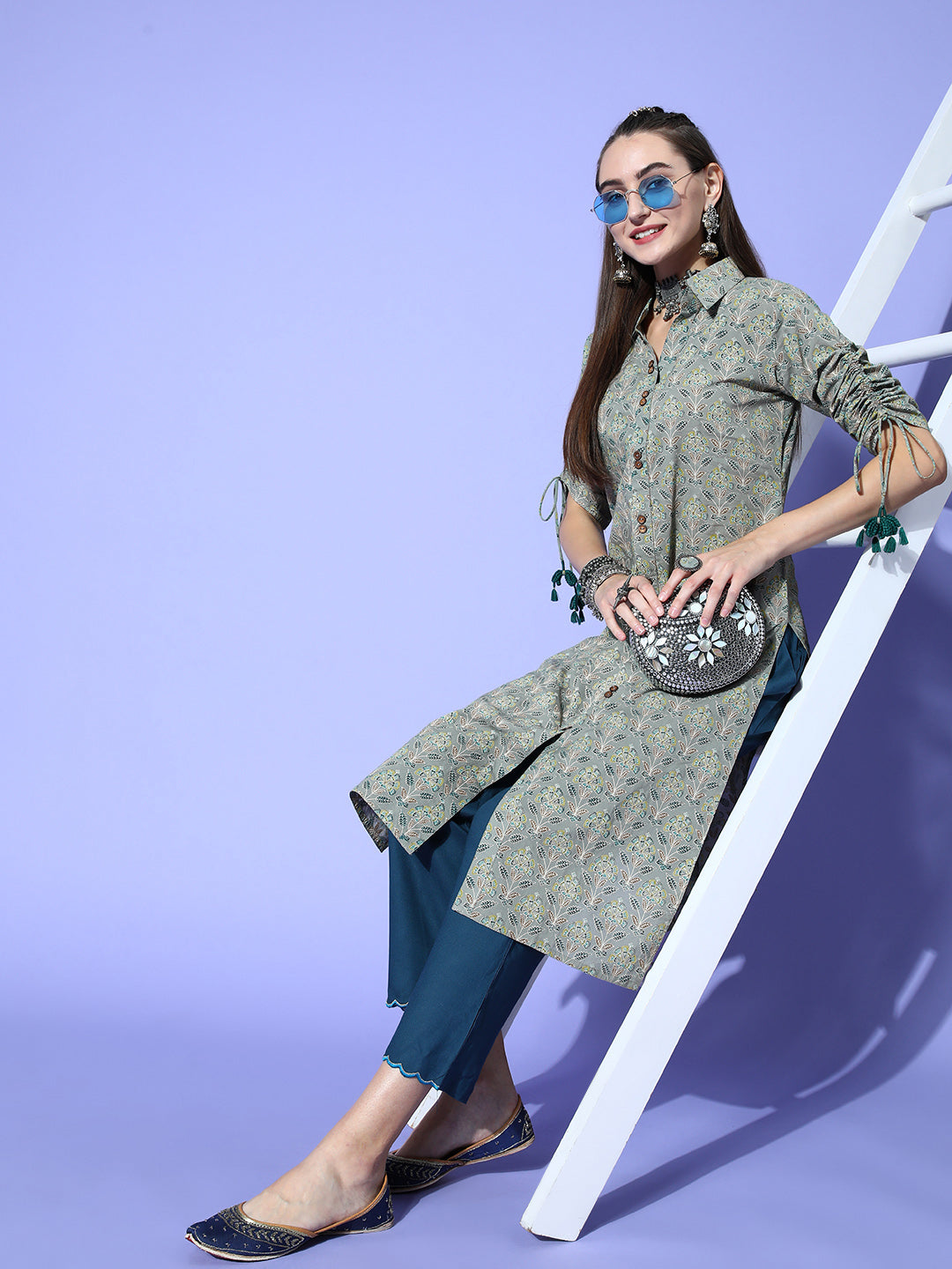 Grey Cotton Printed Shirt Style Kurta With Tasseled Three-Fourth Pull Up Sleeves