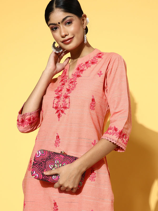 Pink Embroidered Yarn Dyed Kurta With Pants.