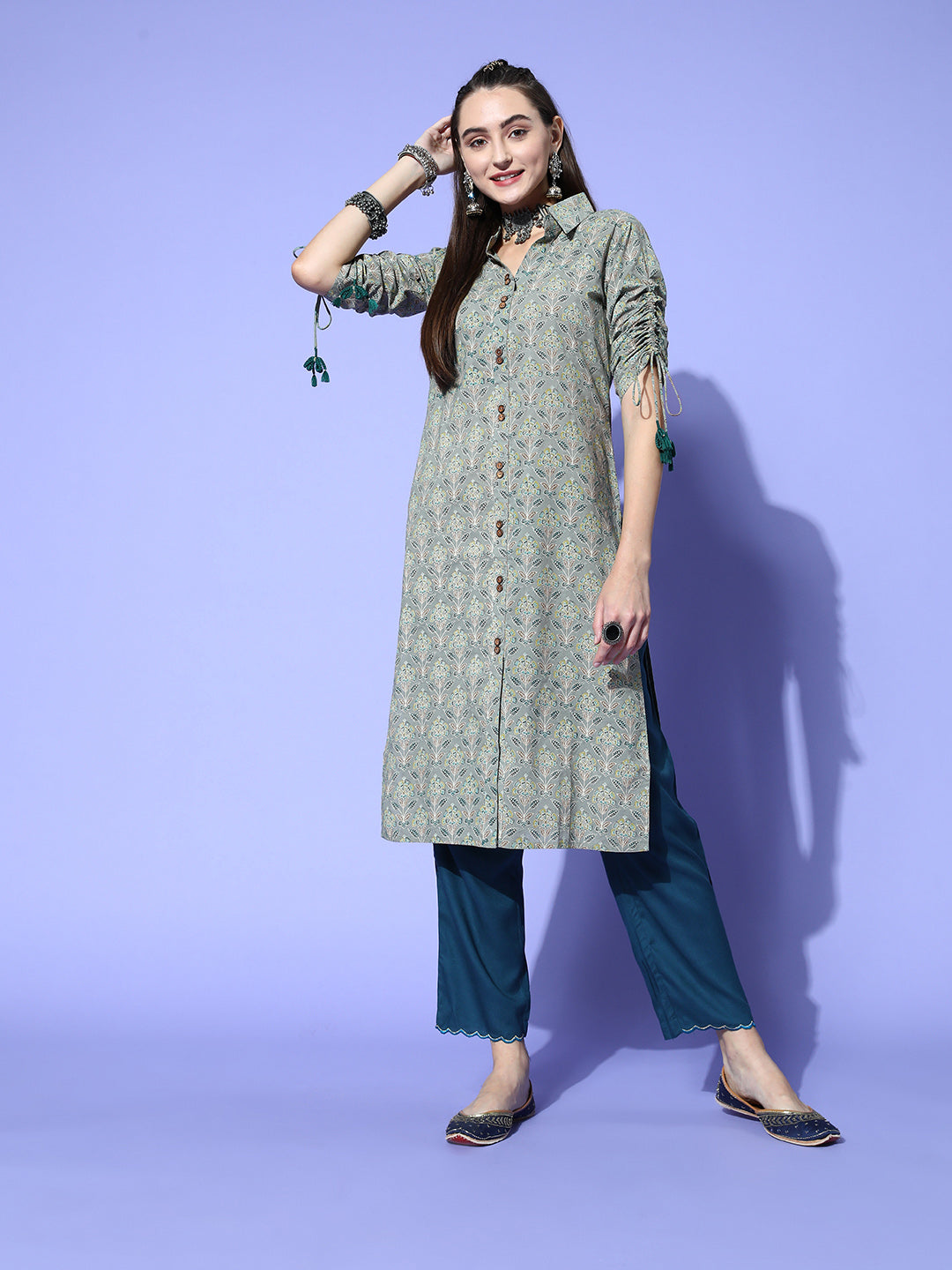 Grey Cotton Printed Shirt Style Kurta With Tasseled Three-Fourth Pull Up Sleeves