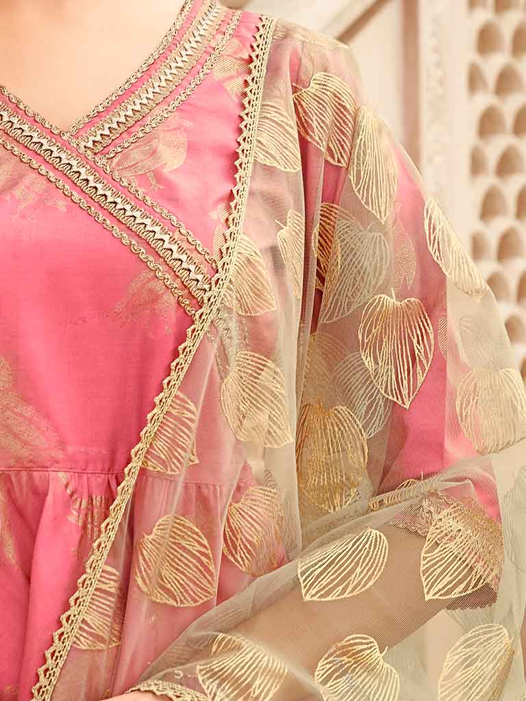 Peach Color Bird Printed Silk Blend Peplum Top And Skirt With A Gold Print Net Dupatta
