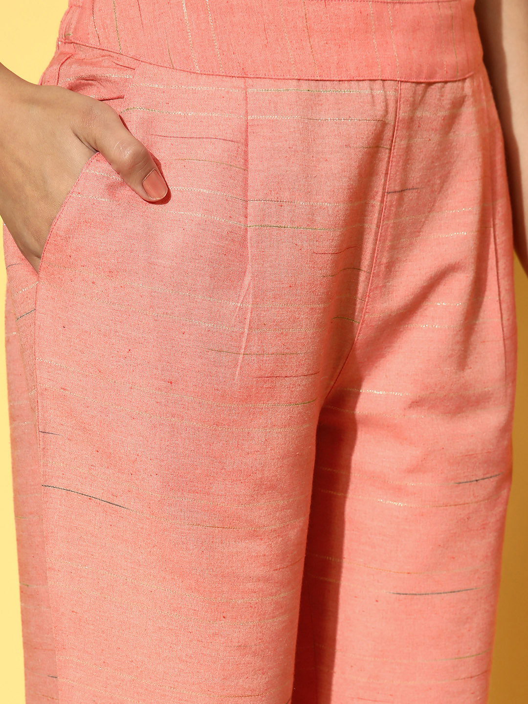 Pink Embroidered Yarn Dyed Kurta With Pants