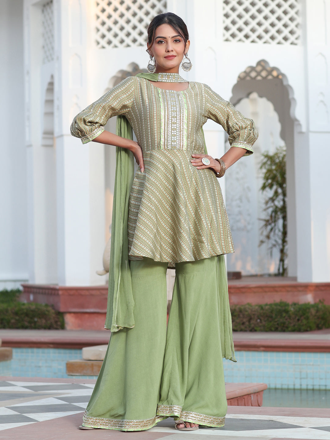 Embroidered Chanderi Top With Flared Palazzo And Chiffon Dupatta