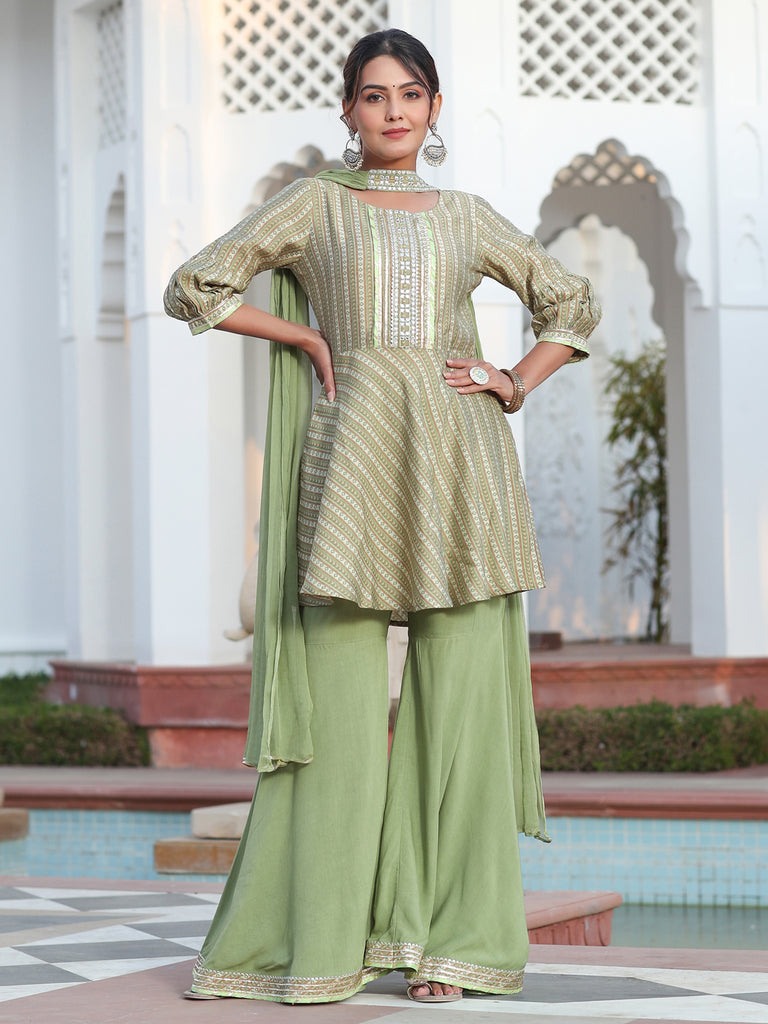 Green Chanderi Digital Printed Embroidered Peplum Top With Flared Sold Rayon Palazzo And Chiffon Dupatta