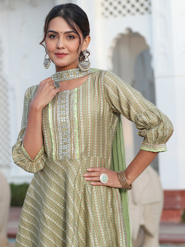 Green Chanderi Digital Printed Embroidered Peplum Top With Flared Sold Rayon Palazzo And Chiffon Dupatta