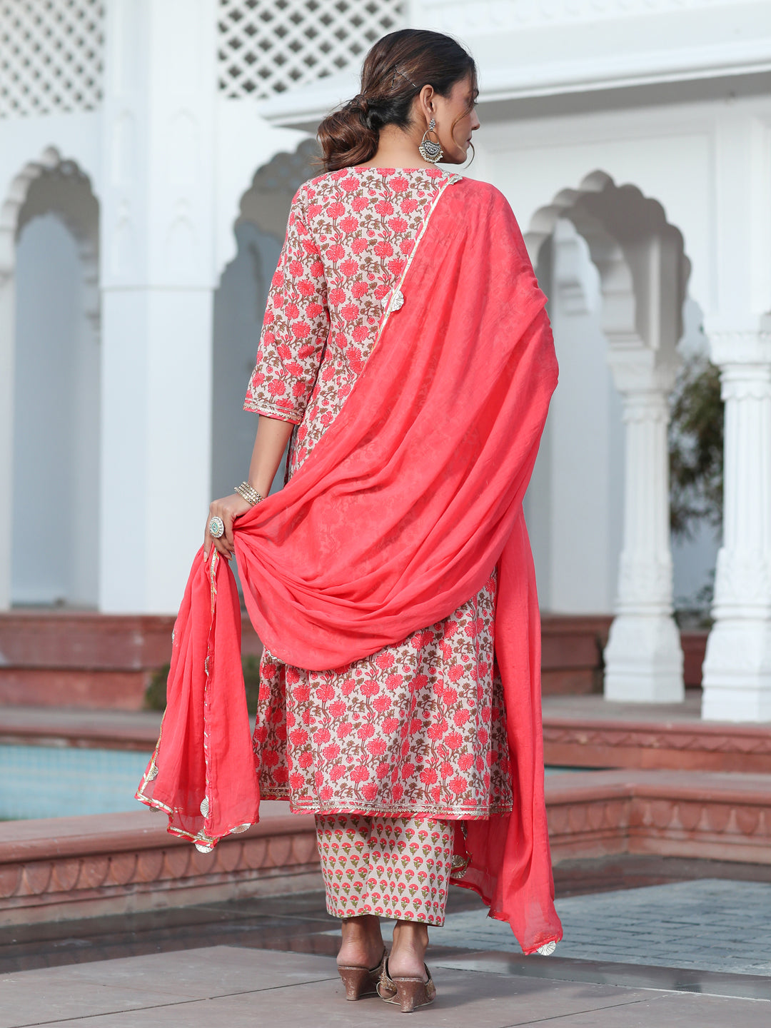A Peach Printed Cotton Embellished Anarkali Suit With Pants And Crushed Cotton Dupatta