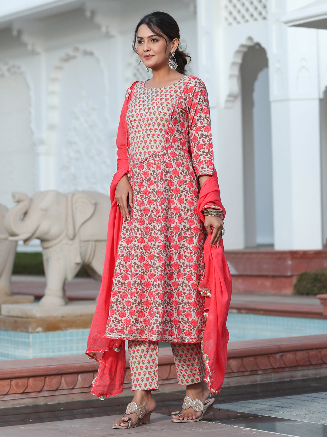 A Peach Printed Cotton Embellished Anarkali Suit With Pants And Crushed Cotton Dupatta