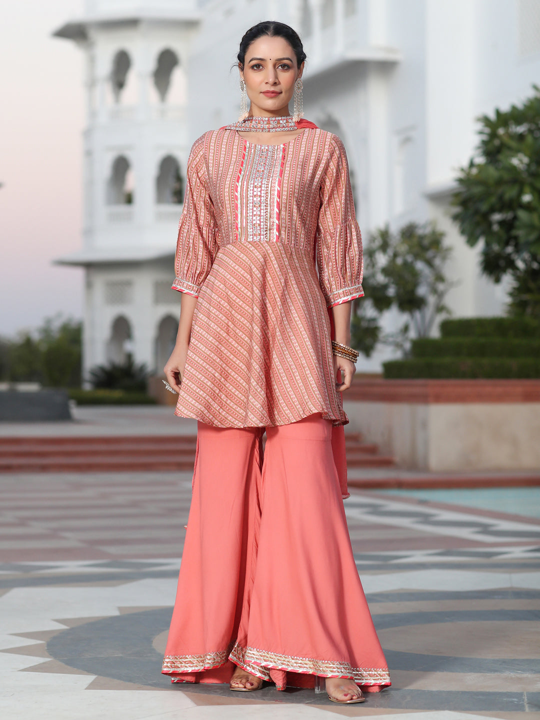 Pink Chnaderi Digital Printed Embroidered Peplum Top With Flared Sold Rayon Palazzo And Chiffon Dupatta