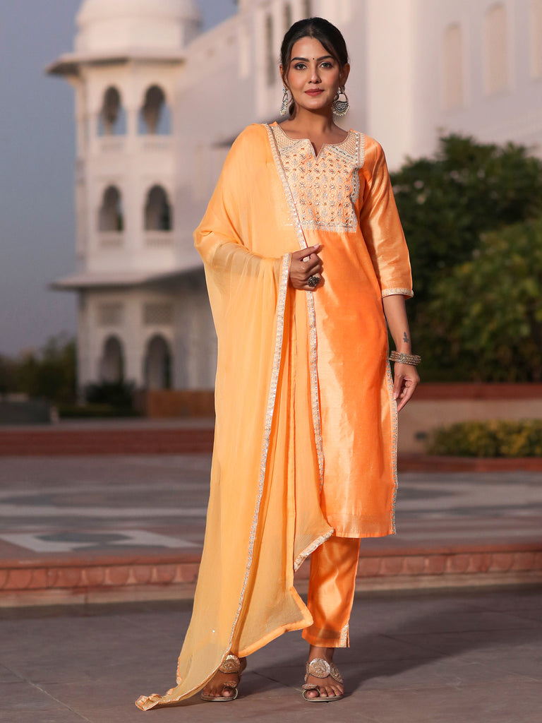 Orange Chanderi Embroidered Kurta With Trousers And Chiffon Dupatta
