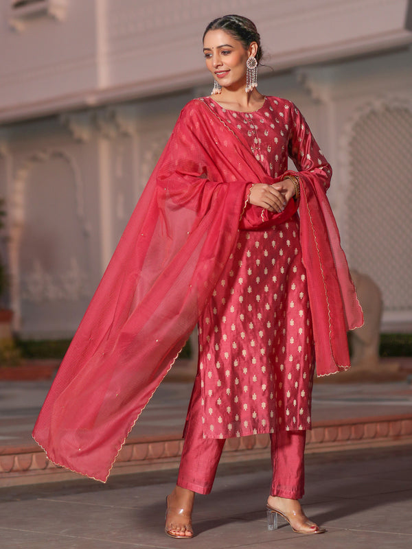 Gold Print Embellished Chanderi Red Kurta With Trousers And Kota Tissue Dupatta