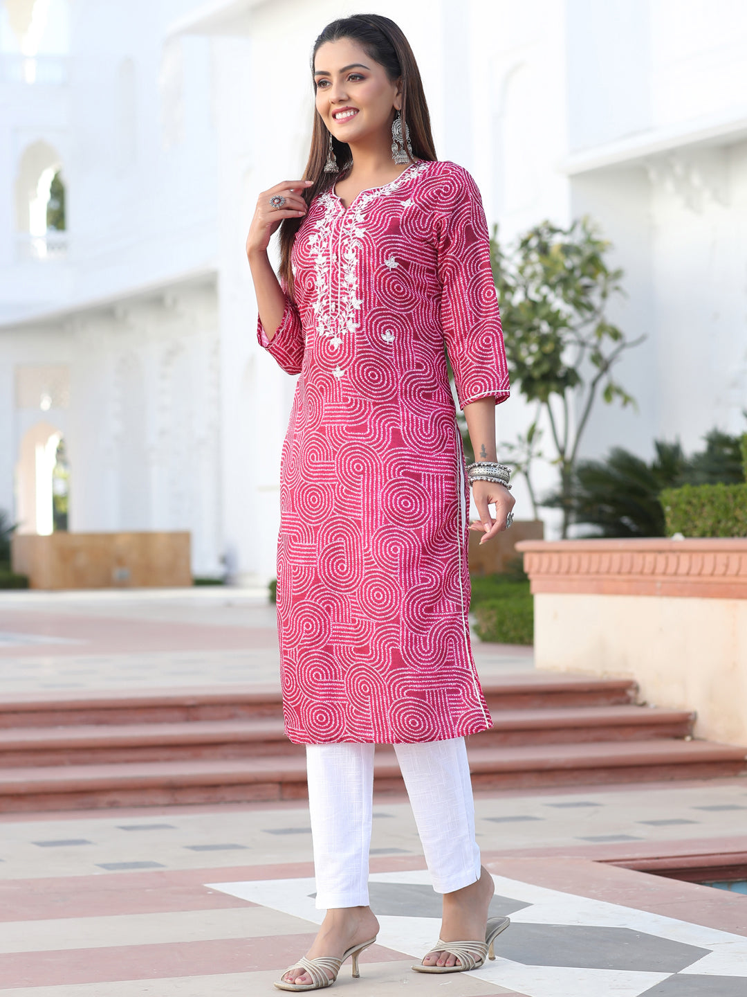 Red Mirror Work Embroidered Muslin Straight Kurta With White Cotton Straight Fit Tousers