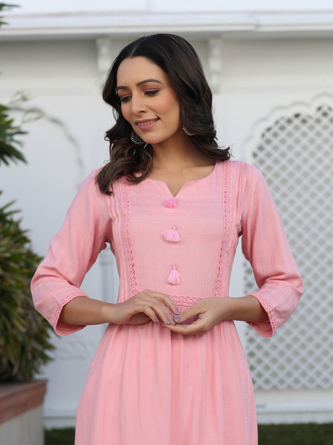 Pink Self Weave Pleated, Laced-Up And Gathered Short Kurta With Tasseles, White Cotton Straight Fit Tousers
