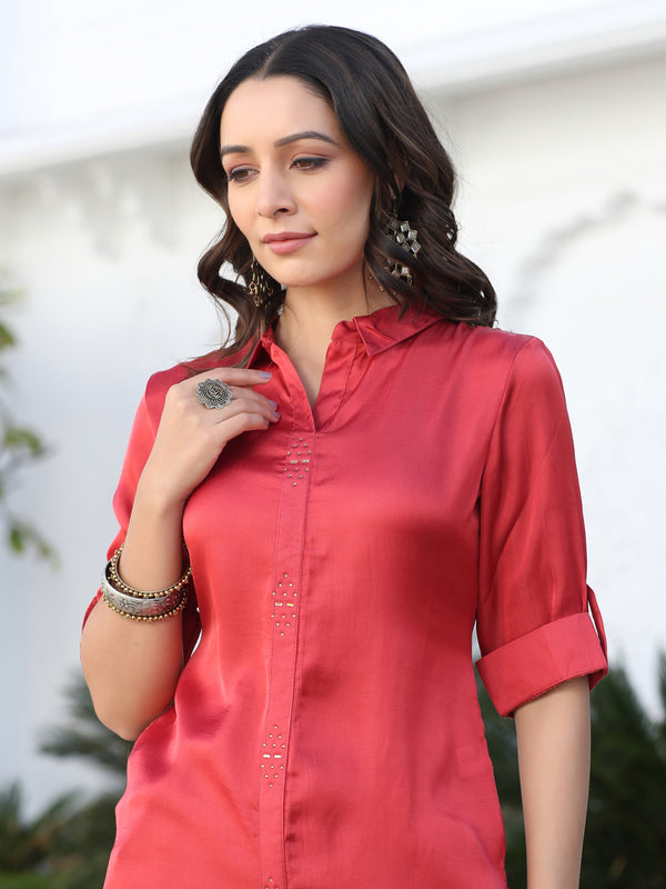 A Rust Silk Fabric Embellished Shirt With Roll-Up Elbow Sleeves