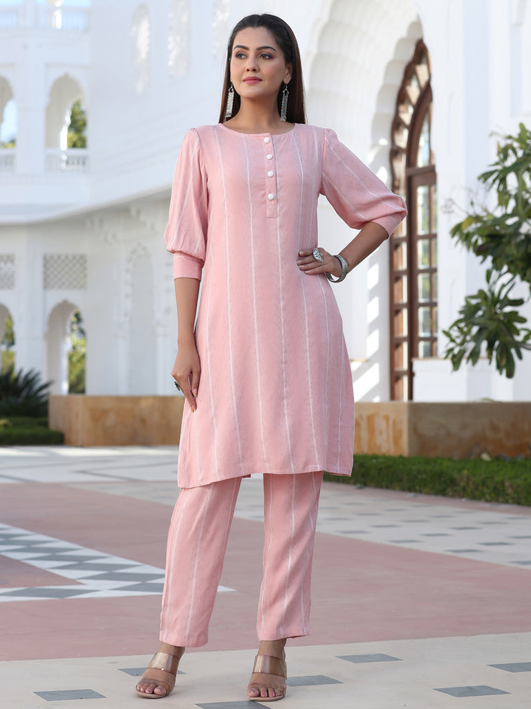 Pink Self Weave Yarn Dyed Rayon Co-Ord Set With Pearl Embellished Back Slit Kurta And Pants