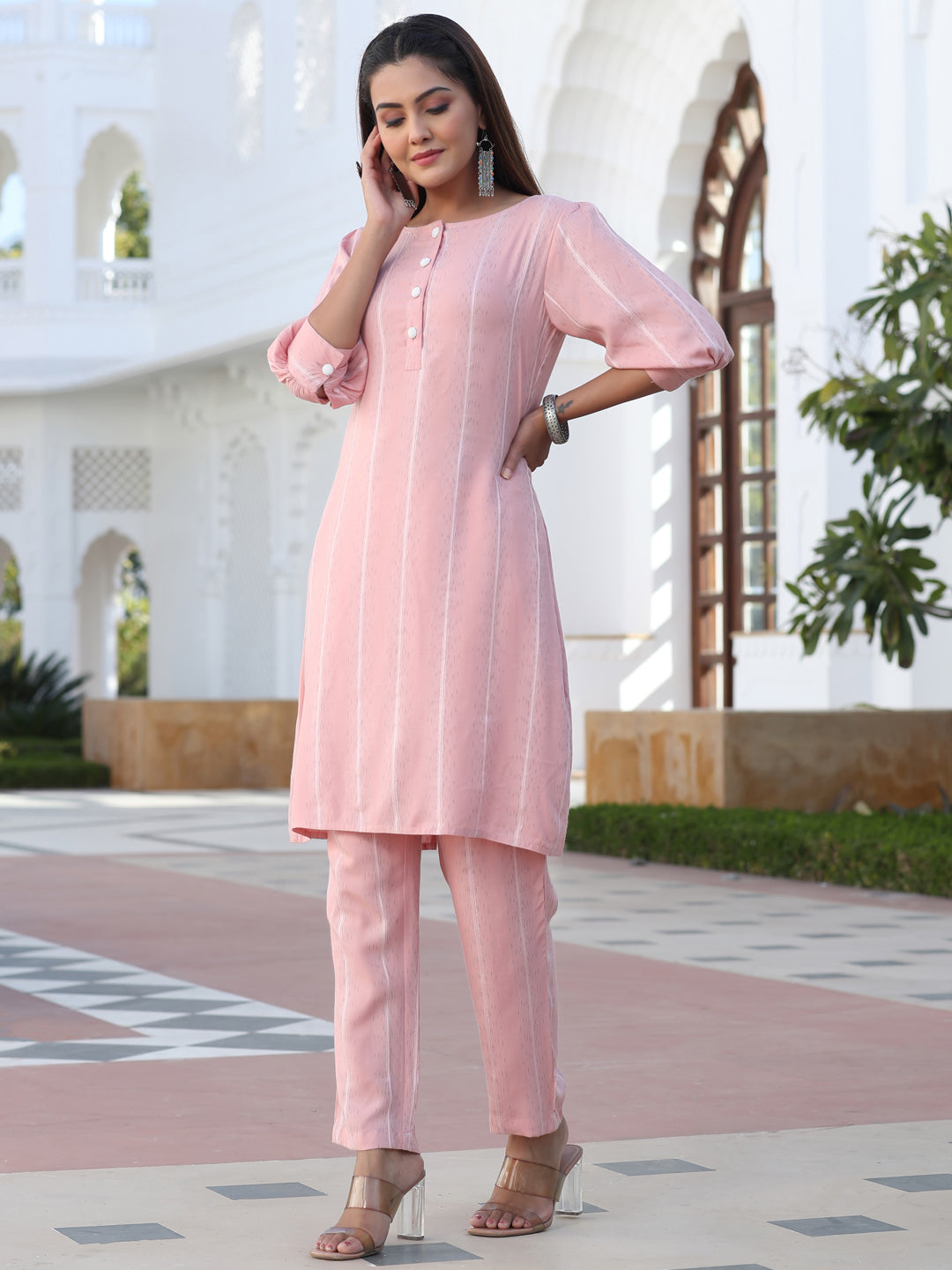 Pink Self Weave Yarn Dyed Rayon Co-Ord Set With Pearl Embellished Back Slit Kurta And Pants