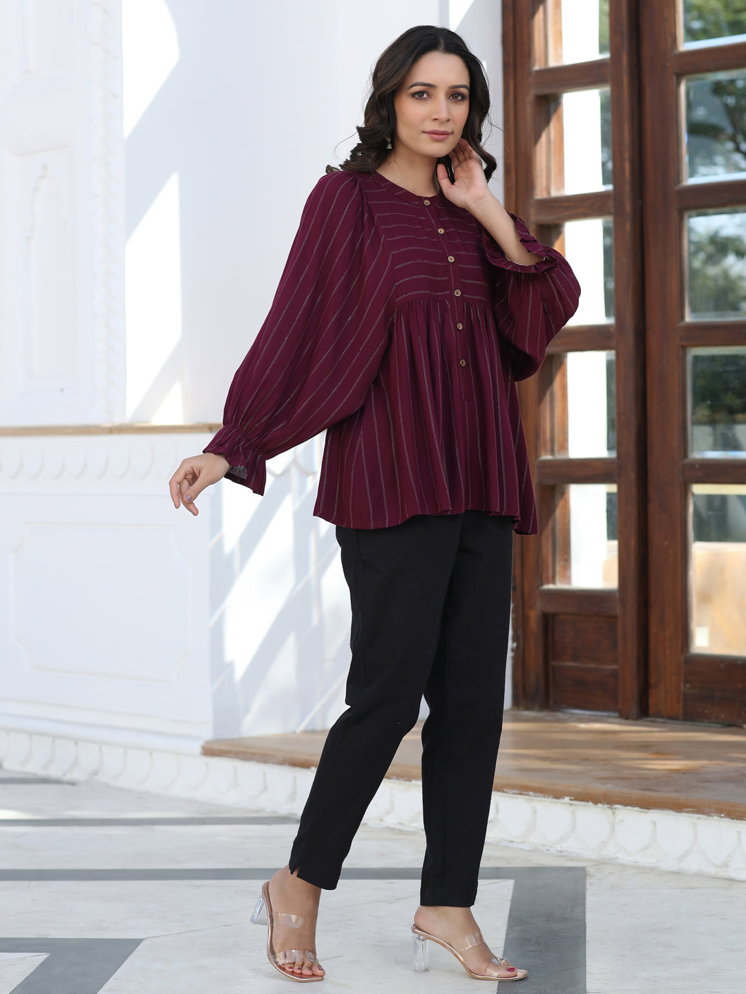 A Maroon Self Weave Rayon Lurex Gathered Top With Elasticated Gathered Sleeves With Black Pants