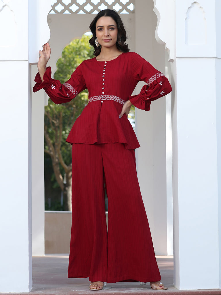Red Color Embroidered Lycra Georgette Textured Co-Ord Set With Peplum Top And Palazzo