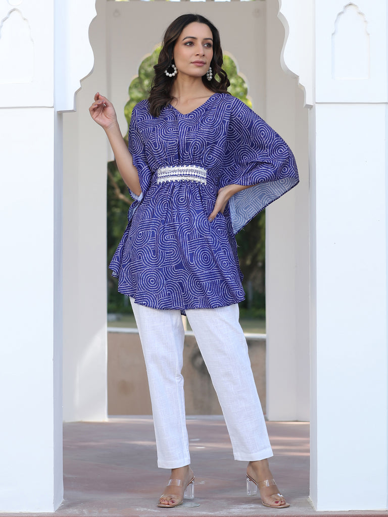 Blue Embroidered Broach Belt Printed Muslin Kaftan Top With White Cotton Straight Fit Trousers