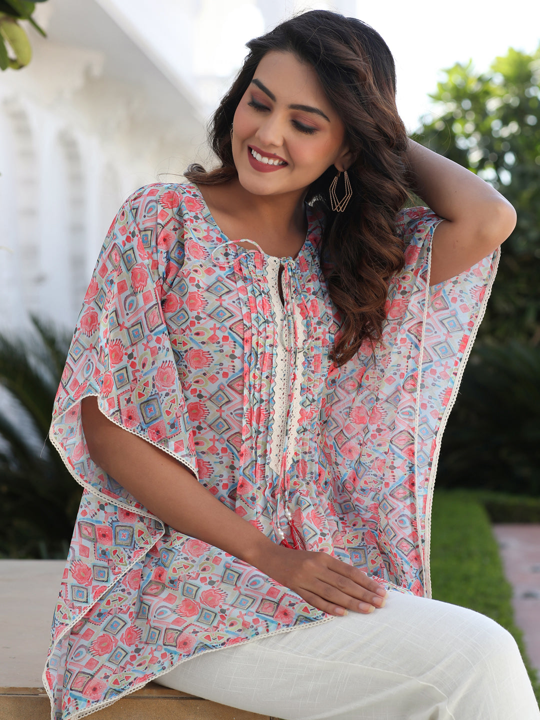 Peach Geometric Printed Georgette Kaftan Top With Pintucks And Lace Details At The Yoke