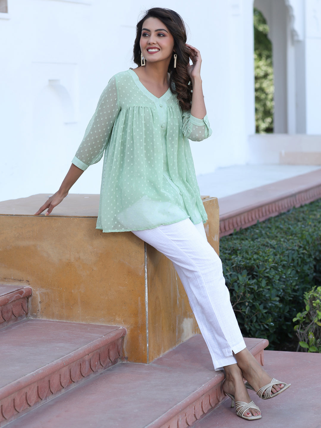 Green Chiffon Dobby Gathered Top With Flared Hemline With Cotton White Flared Pants