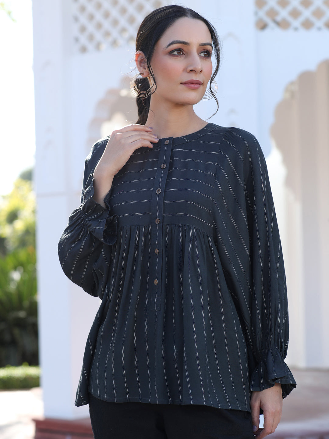 A Grey Self Weave Rayon Lurex Gathered Top With Elasticated Gathered Sleeves With Black Pants